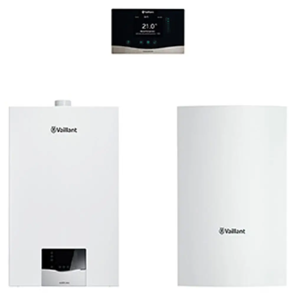Vaillant Heizkessel mit digitalem Bedienfeld und einem Warmwasserbereiter, beide in weißem Gehäuse.